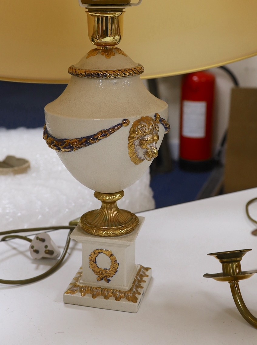 Three neoclassical ceramic table lamps and an electrolier. Tallest 58cm with shade